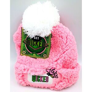 Wicked Movie Glinda Pink Fuzzy Pom Beanie Hat & Gloves 2-Piece Set NWT